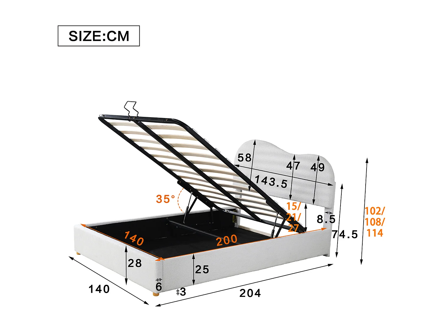 Letto contenitore 140x200cm, letto imbottito con rete a doghe in metallo, testiera regolabile, pile sintetico, bianco