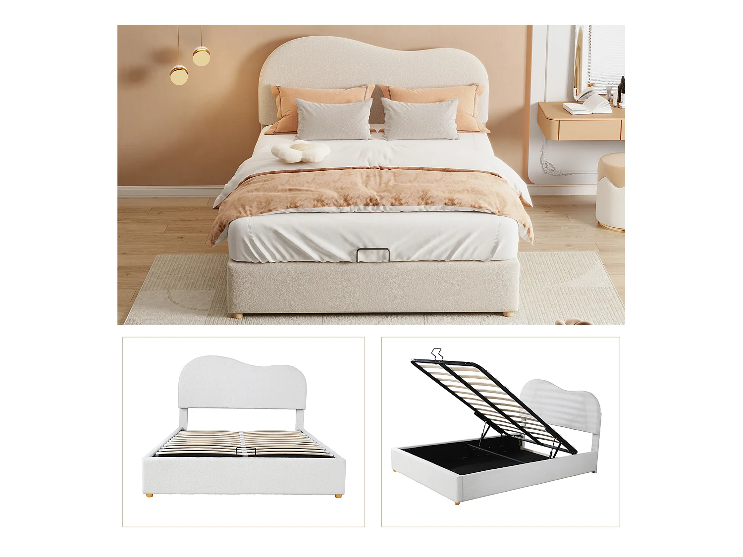 Letto contenitore 140x200cm, letto imbottito con rete a doghe in metallo, testiera regolabile, pile sintetico, bianco