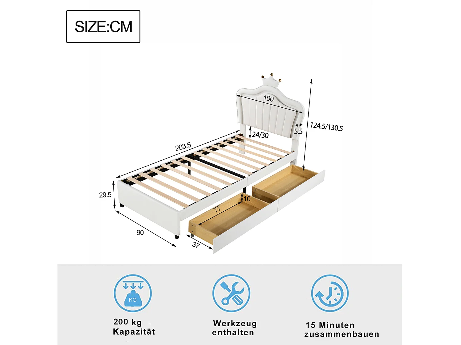 LED kinderbed met 2 lades, lattenbodem en hoofdbord met kroon, in PU leer, wit 90x200cm