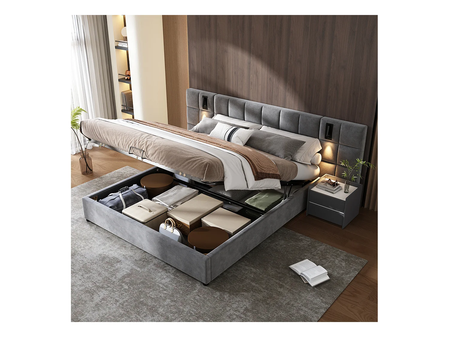 Lit coffre 140x200xm - Lit double avec sommier à lattes en bois et tête de lit large avec lampe directionnelle et recharge USB - Gris