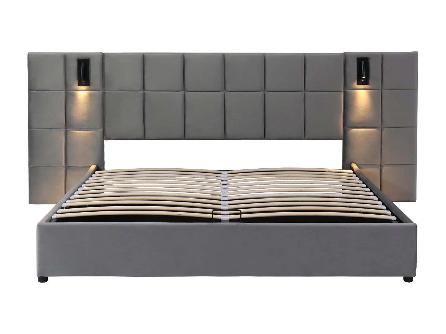 Lit coffre 140x200xm - Lit double avec sommier à lattes en bois et tête de lit large avec lampe directionnelle et recharge USB - Gris