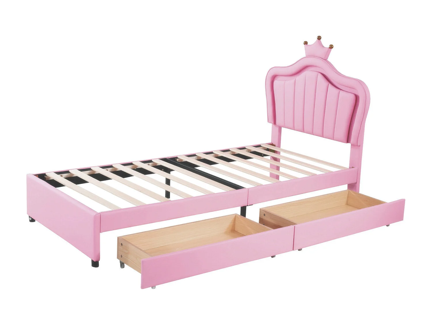 Lit enfant LED avec 2 tiroirs, sommier à lattes et tête de lit avec couronne, en cuir PU, rose 90x200cm