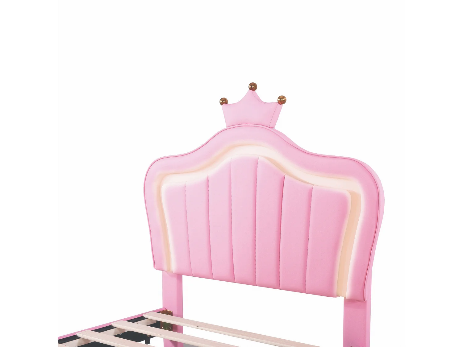 Lit enfant LED avec 2 tiroirs, sommier à lattes et tête de lit avec couronne, en cuir PU, rose 90x200cm