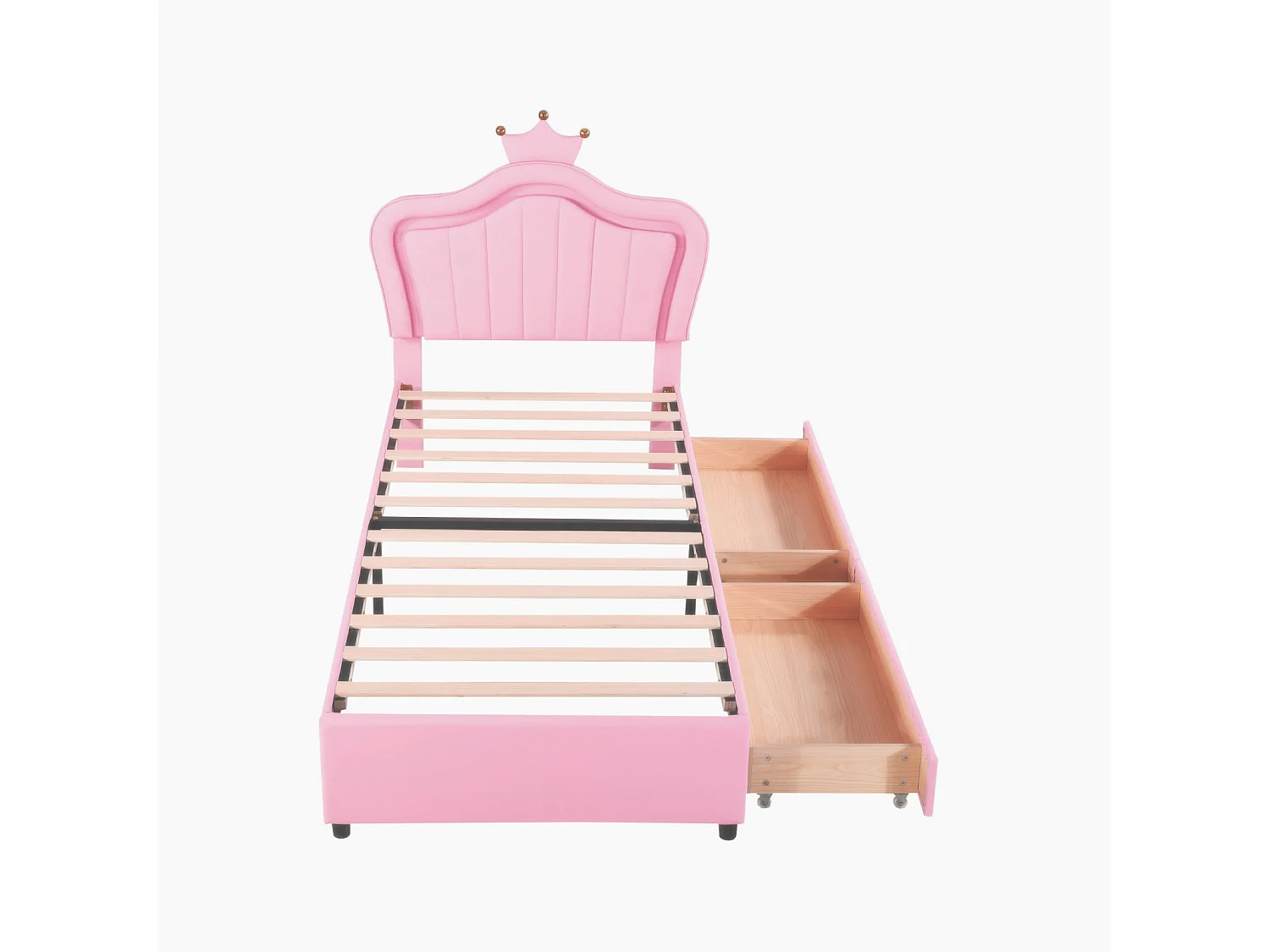 Letto per bambini a LED con 2 cassetti, rete a doghe e testiera con corona, in similpelle, rosa 90x200cm