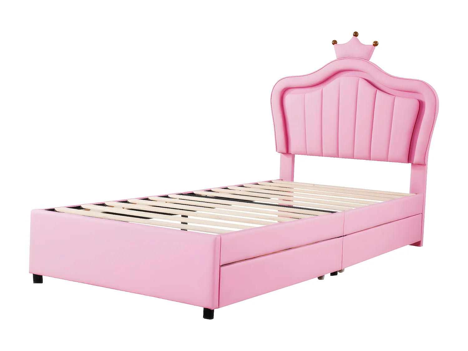 Letto per bambini a LED con 2 cassetti, rete a doghe e testiera con corona, in similpelle, rosa 90x200cm