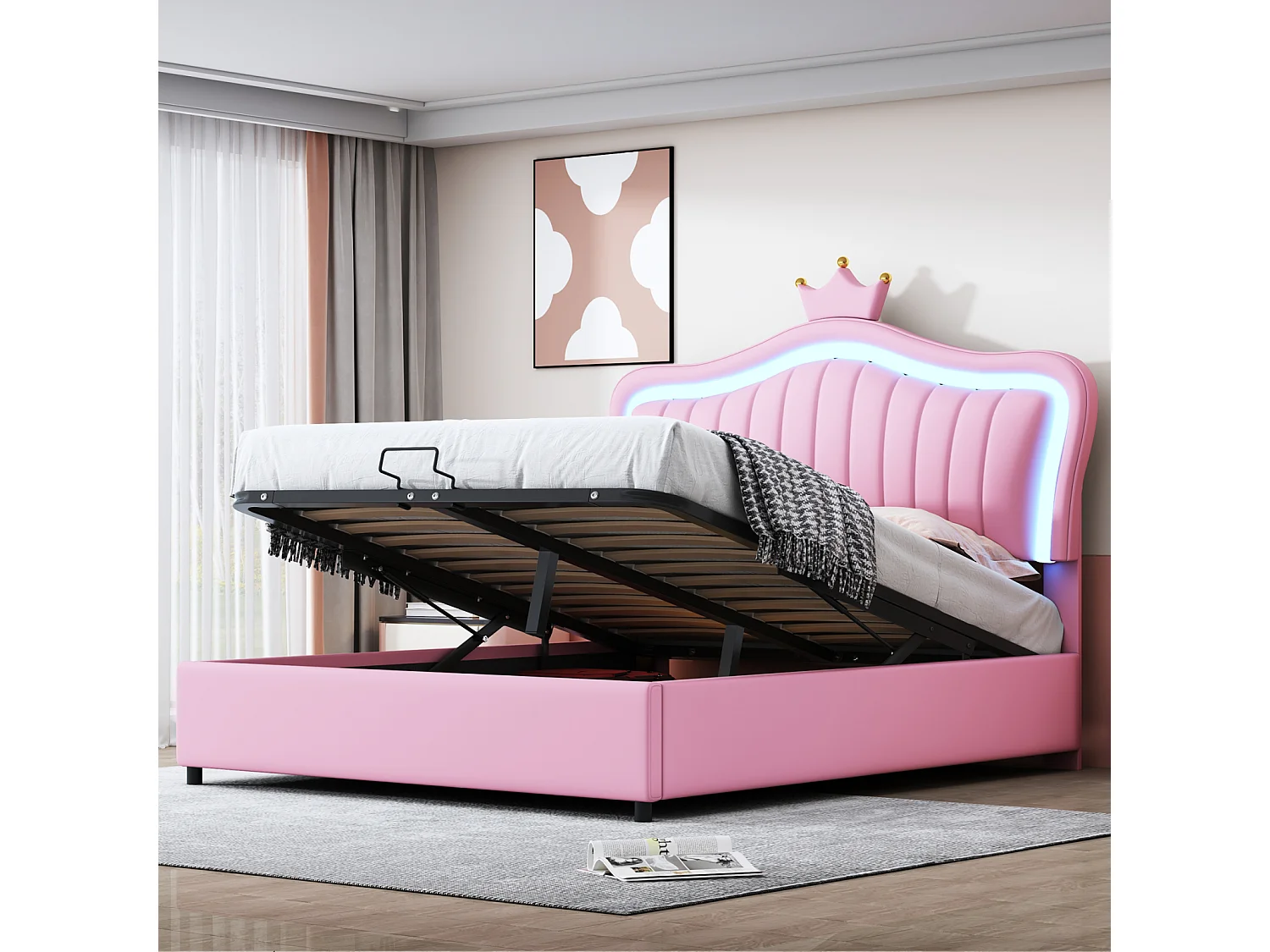 Lit coffre 140x200cm, lit enfant LED avec sommier à lattes et tête de lit avec couronne, en cuir PU, rose