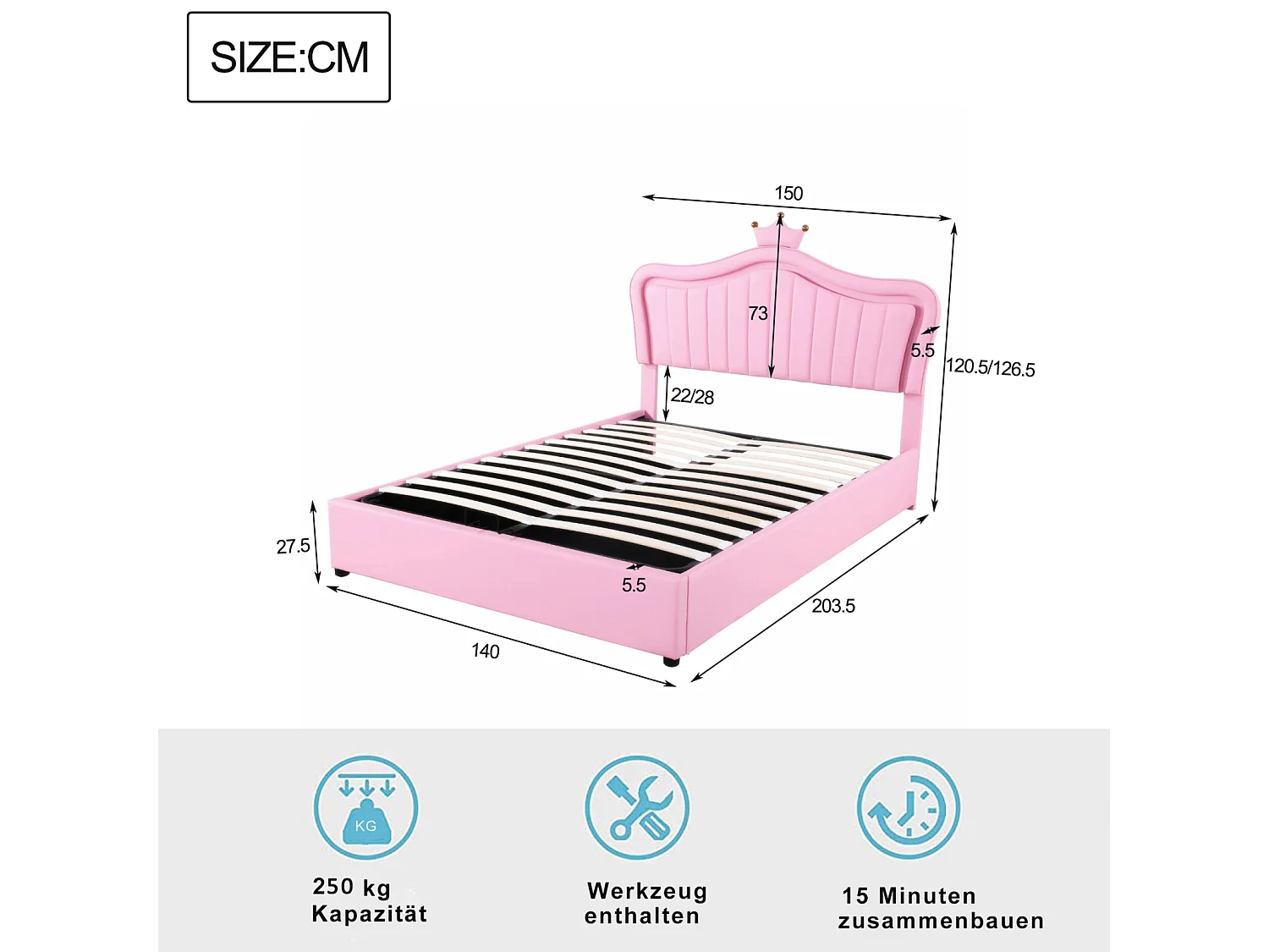 Lit coffre 140x200cm, lit enfant LED avec sommier à lattes et tête de lit avec couronne, en cuir PU, rose