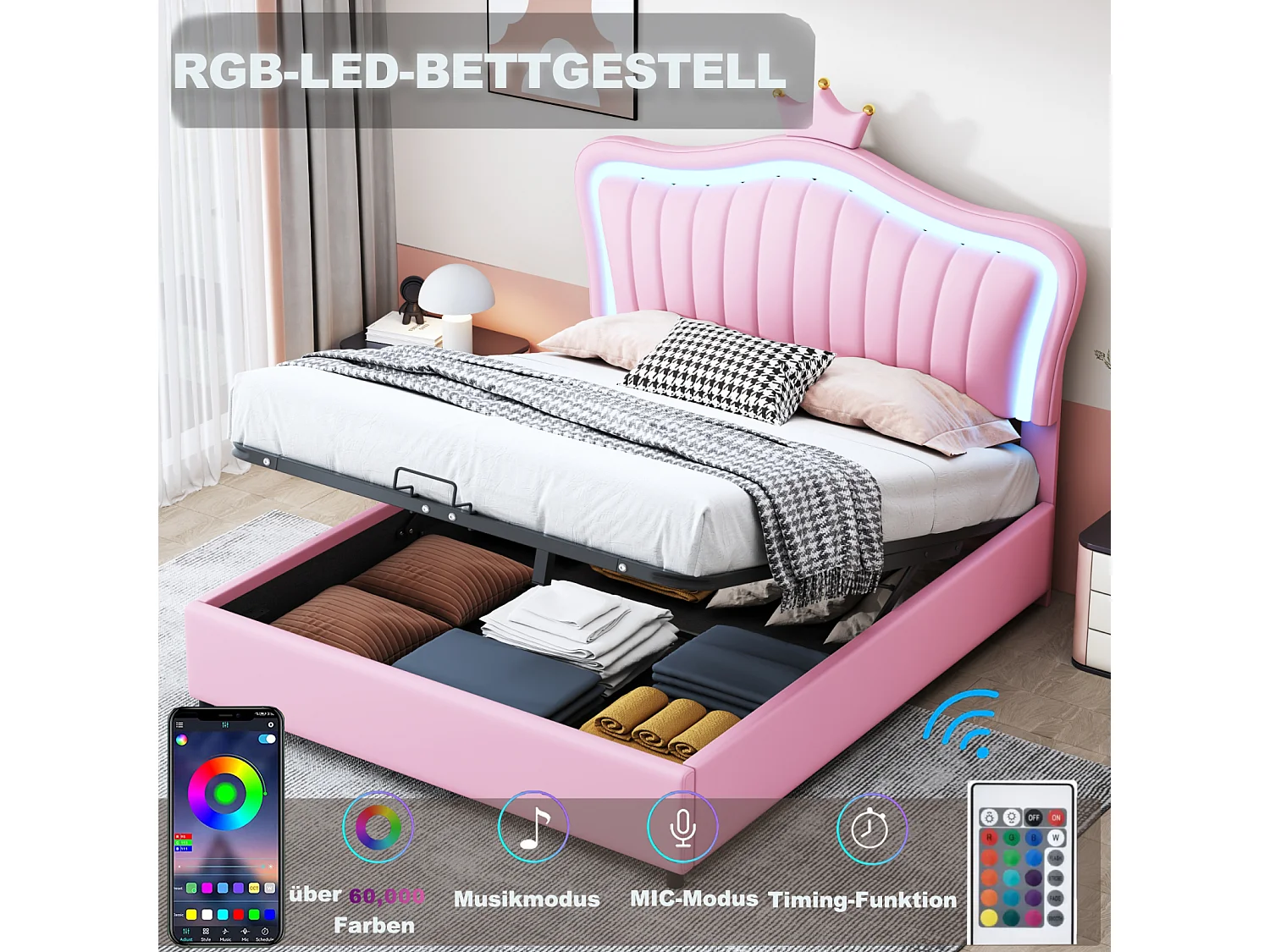 Lit coffre 140x200cm, lit enfant LED avec sommier à lattes et tête de lit avec couronne, en cuir PU, rose