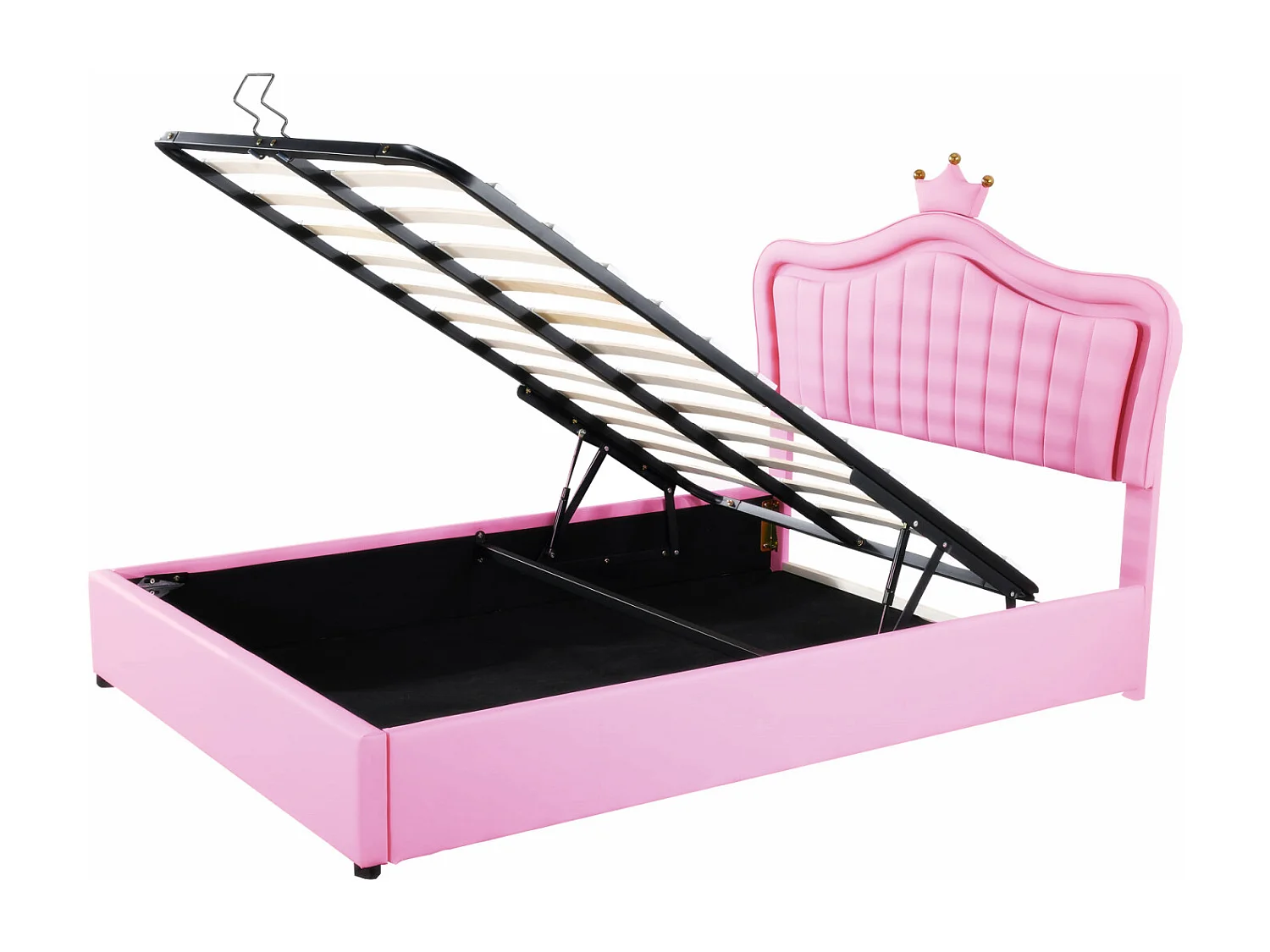 Lit coffre 140x200cm, lit enfant LED avec sommier à lattes et tête de lit avec couronne, en cuir PU, rose