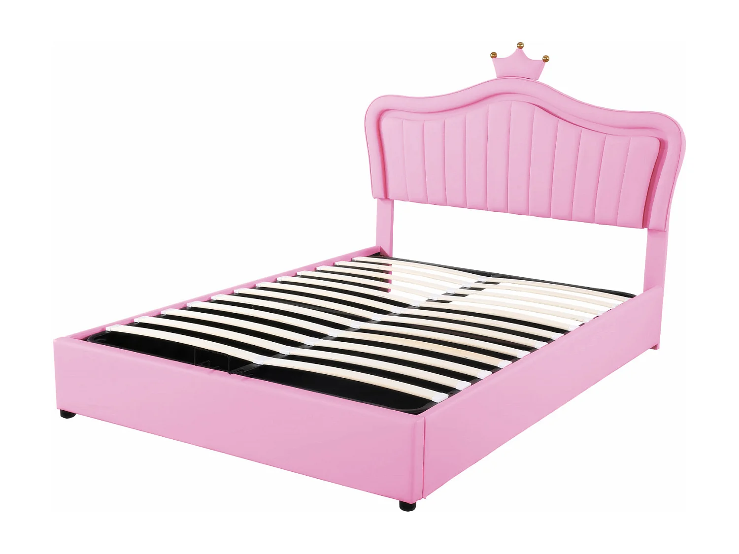 Lit coffre 140x200cm, lit enfant LED avec sommier à lattes et tête de lit avec couronne, en cuir PU, rose