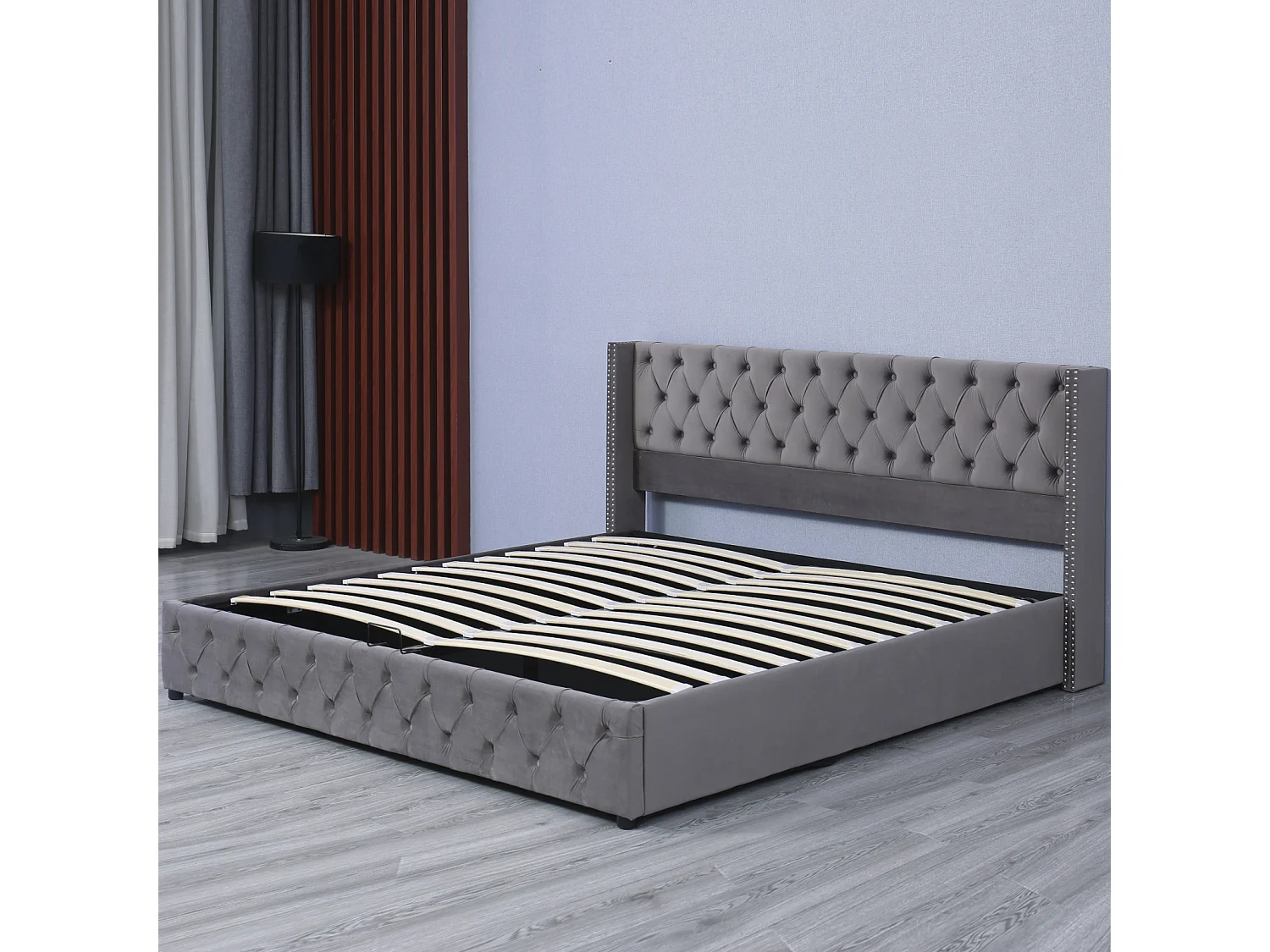 Lit coffre 180x200cm, lit double avec sommier à lattes tête de lit en forme d'oreille, lit capitonné velours, Gris