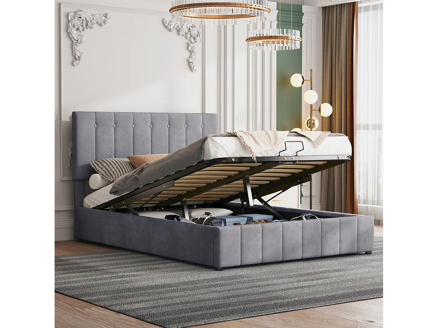 Volwassen opbergbed 140 x 200cm - tweepersoons fluwelen bed met metalen lattenbodem en in hoogte verstelbaar hoofdeinde - Grijs
