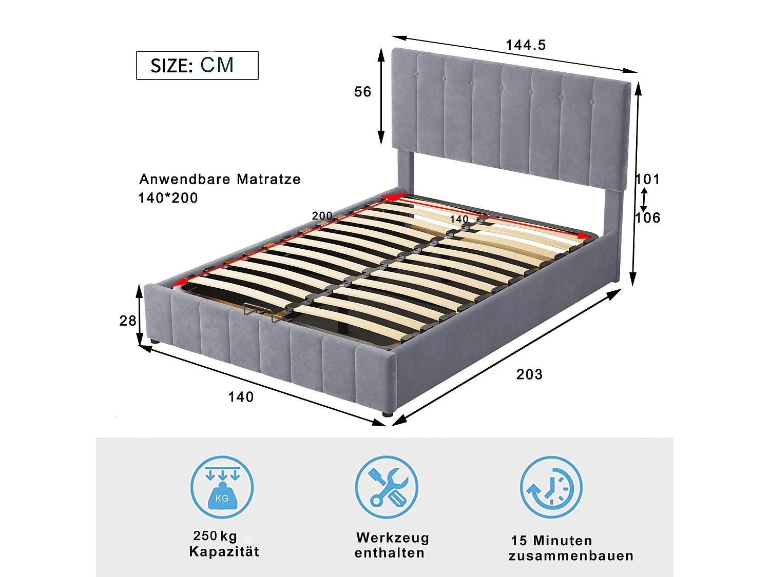 Volwassen opbergbed 140 x 200cm - tweepersoons fluwelen bed met metalen lattenbodem en in hoogte verstelbaar hoofdeinde - Grijs