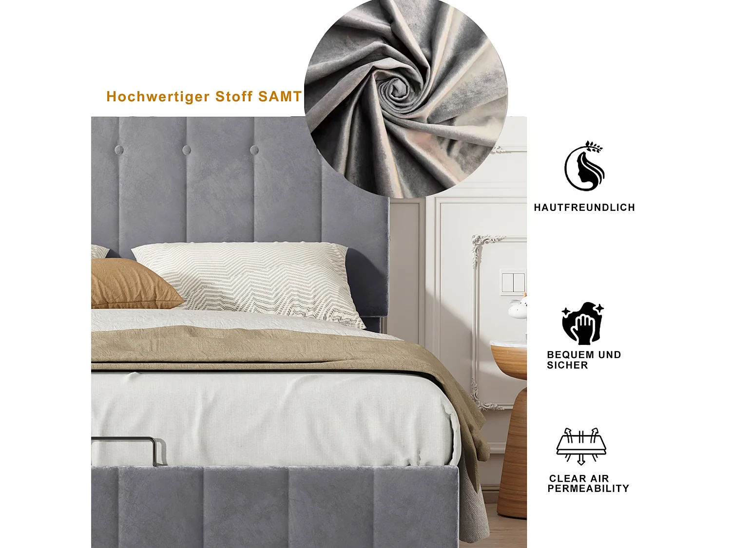 Volwassen opbergbed 140 x 200cm - tweepersoons fluwelen bed met metalen lattenbodem en in hoogte verstelbaar hoofdeinde - Grijs