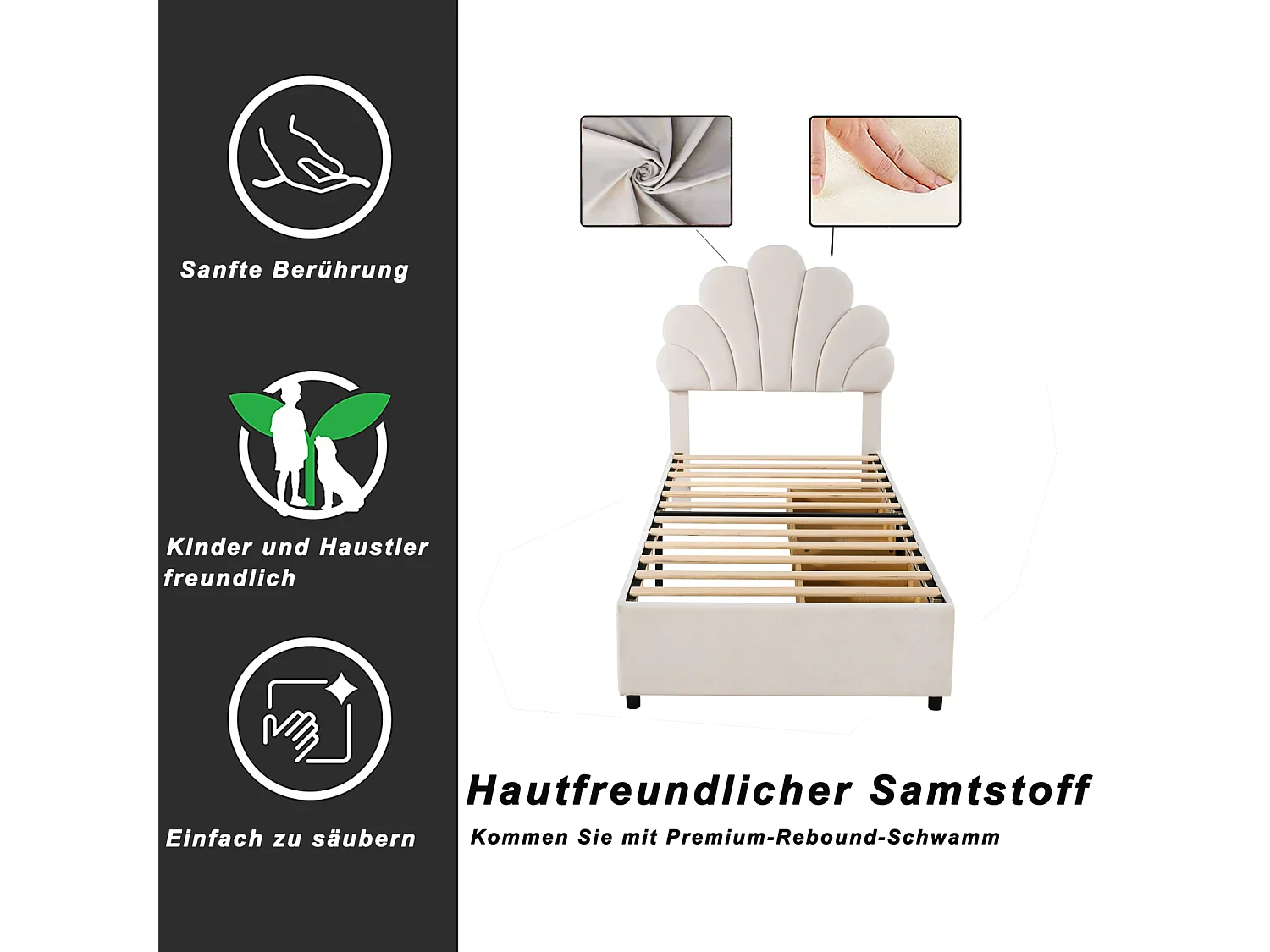 Einzel-Polsterbett für Erwachsene 90 x 200 cm mit Blumenkopfteil und Lattenrost, hautsympathischer Samtstoff, beige, ohne Matratze