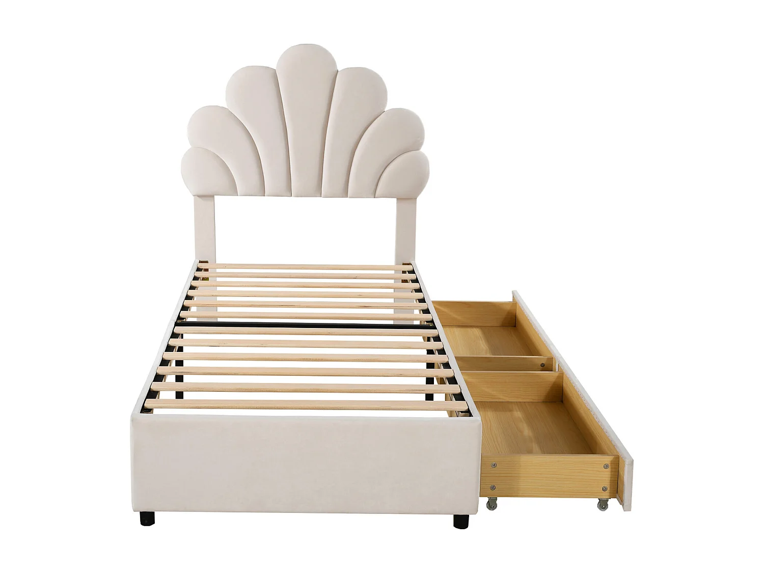 Einzel-Polsterbett für Erwachsene 90 x 200 cm mit Blumenkopfteil und Lattenrost, hautsympathischer Samtstoff, beige, ohne Matratze