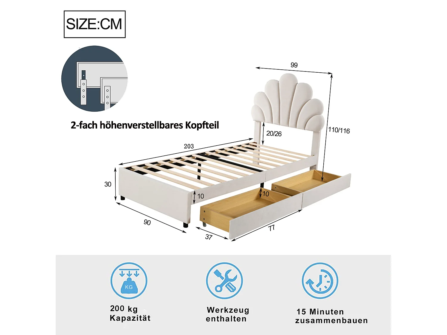 Letto Imbottito Per Bambini 90x200 Cm Con Testata A Fiore In Velluto Beige - Struttura Robusta In Legno Con Doghe - Carico Max 200 Kg
