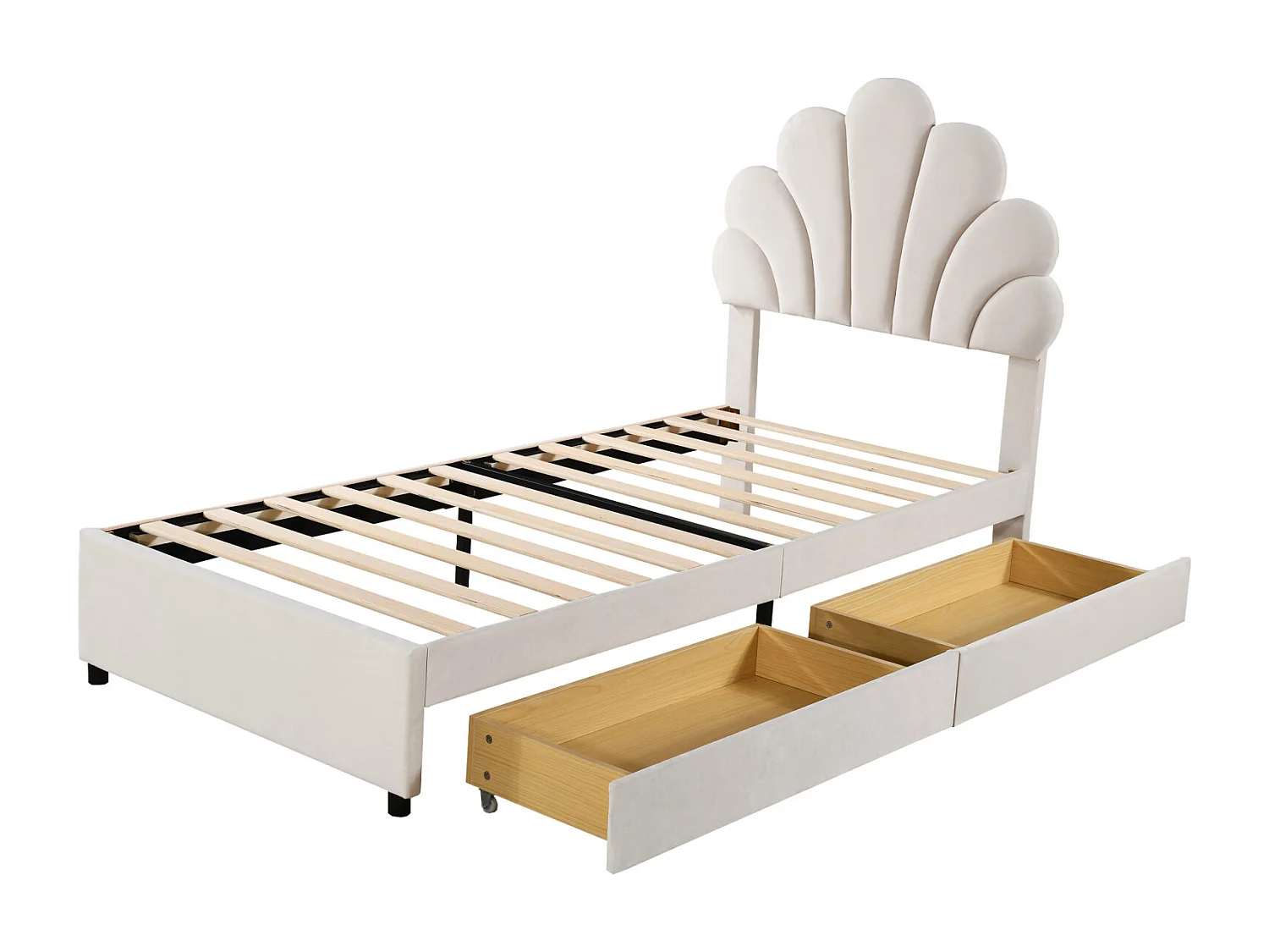 Cama de solteiro estofada para adulto 90 x 200 cm com cabeceira em forma de flor e estrado de ripas, tecido veludo amigo da pele, bege, sem colchão