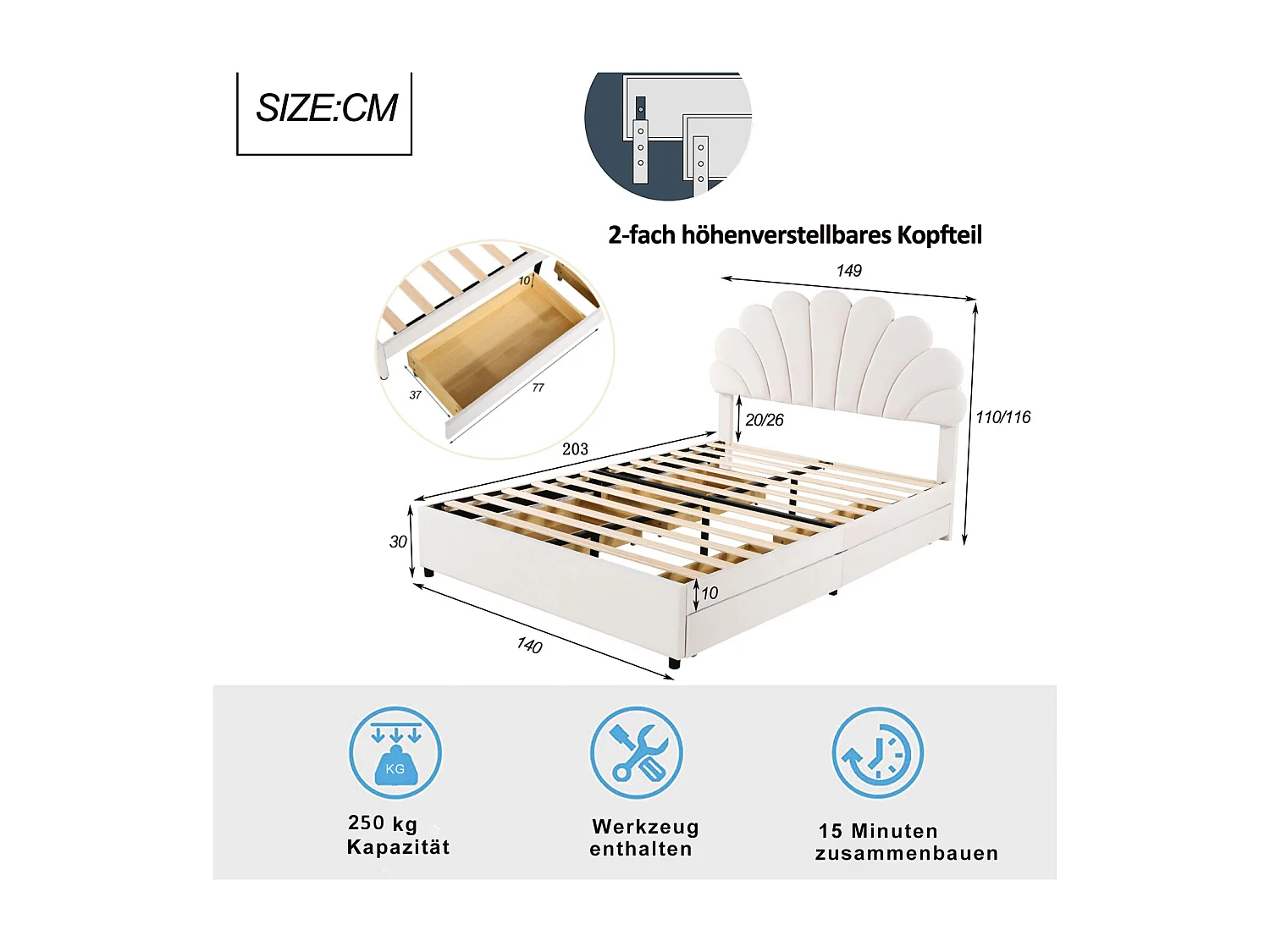 Tweepersoonsbed gestoffeerd volwassen bed 140 x 200 cm met bloemvormig hoofdbord en lattenbodem, huidvriendelijke fluwelen stof, beige, zonder matras