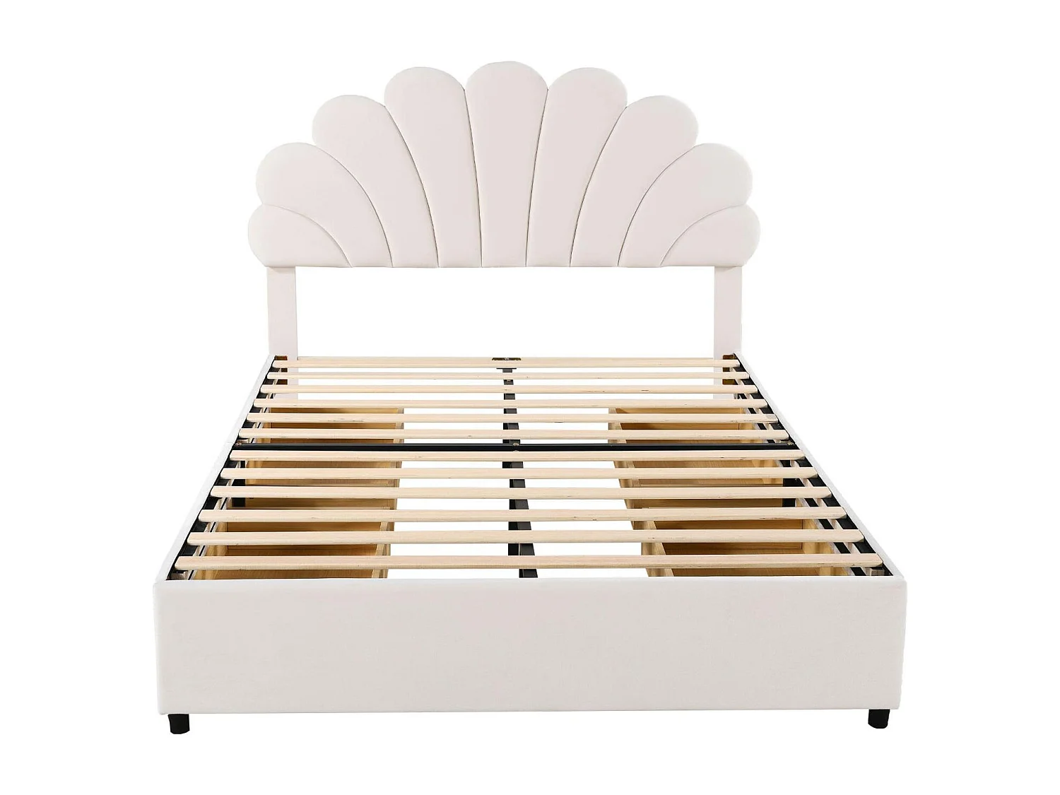 Tweepersoonsbed gestoffeerd volwassen bed 140 x 200 cm met bloemvormig hoofdbord en lattenbodem, huidvriendelijke fluwelen stof, beige, zonder matras