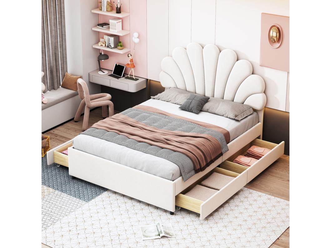 Tweepersoonsbed gestoffeerd volwassen bed 140 x 200 cm met bloemvormig hoofdbord en lattenbodem, huidvriendelijke fluwelen stof, beige, zonder matras