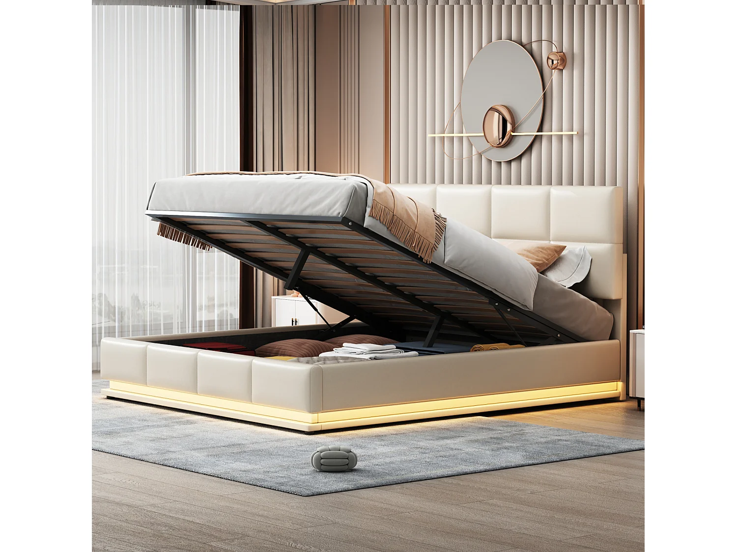 Lit coffre 180x200 cm - Lit doub LED capitonné relevable hydraulique avec sommier à lattes, tête de lit, simili cuir PU - Beige