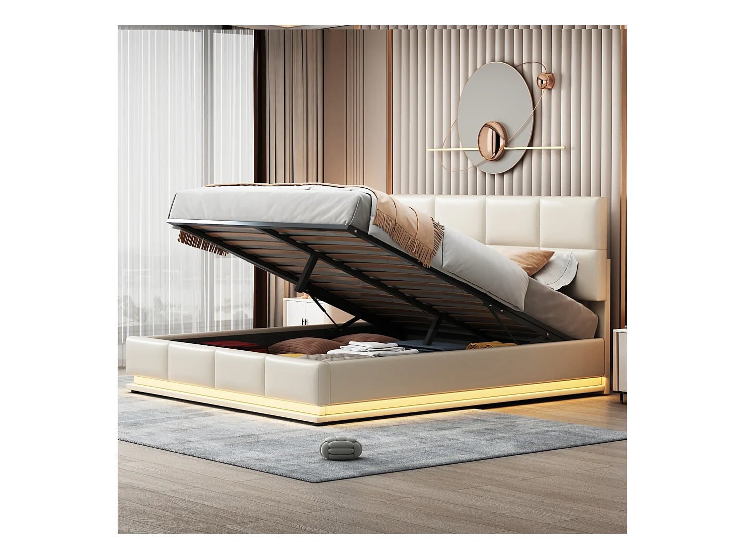 Lit coffre 180x200 cm - Lit doub LED capitonné relevable hydraulique avec sommier à lattes, tête de lit, simili cuir PU - Beige