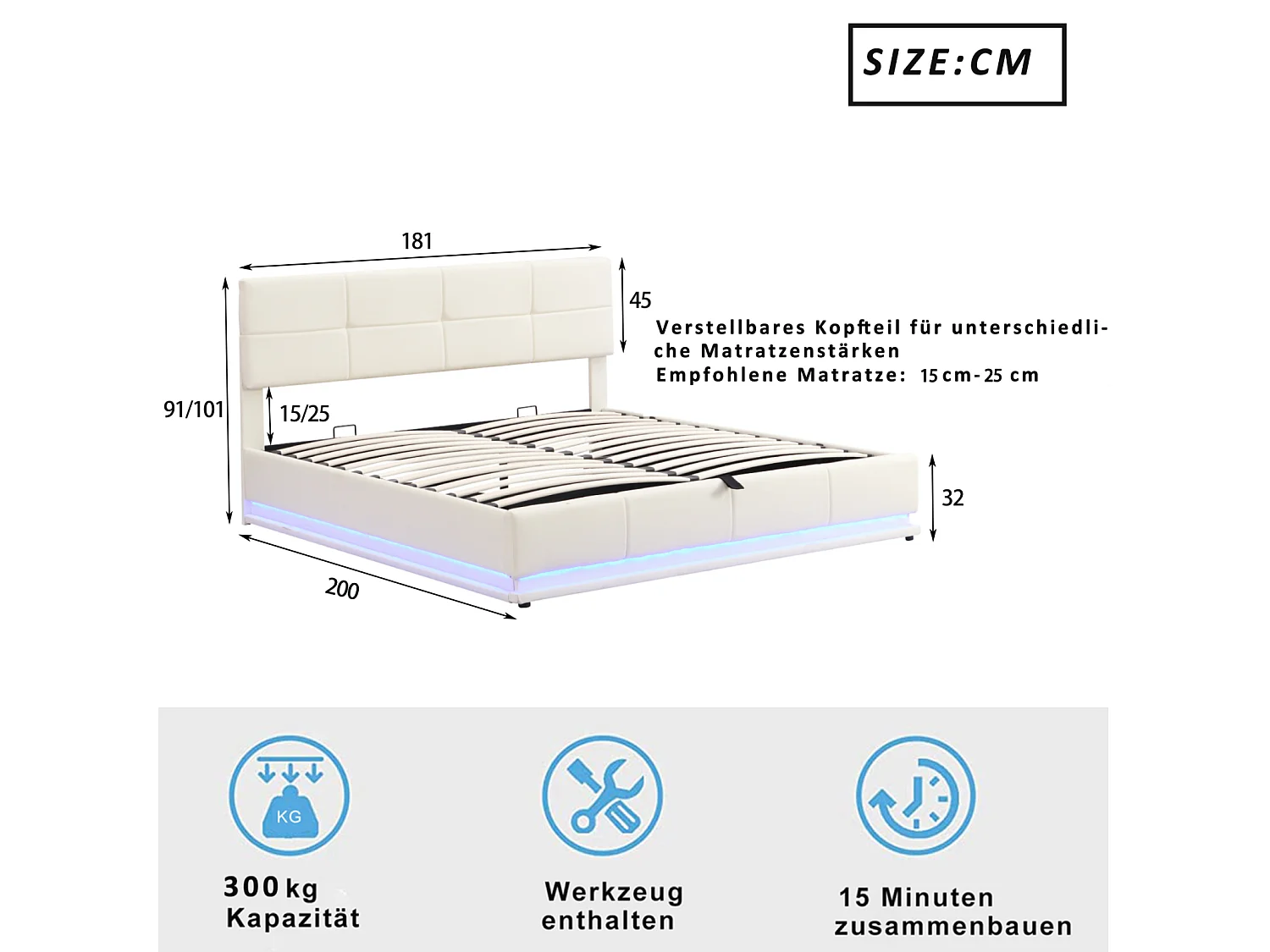 Opbergbed 180x200 cm - Hydraulisch opklapbaar gestoffeerd LED tweepersoonsbed met lattenbodem, hoofdbord, PU-kunstleer - Beige