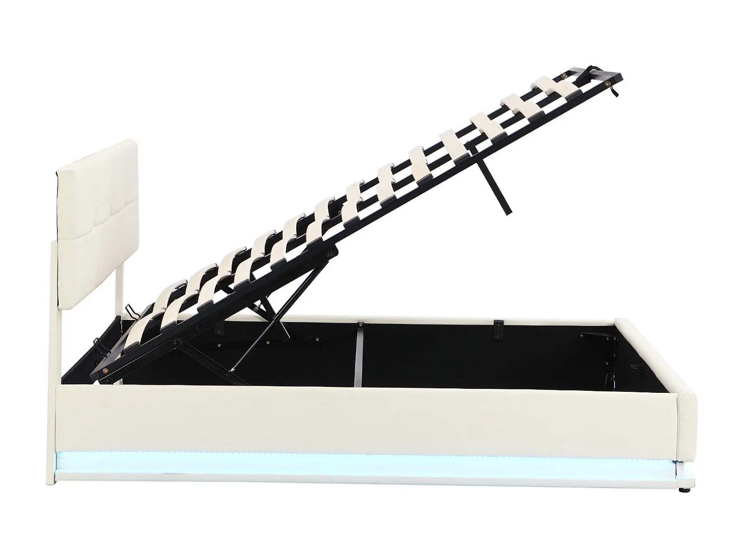 Opbergbed 180x200 cm - Hydraulisch opklapbaar gestoffeerd LED tweepersoonsbed met lattenbodem, hoofdbord, PU-kunstleer - Beige