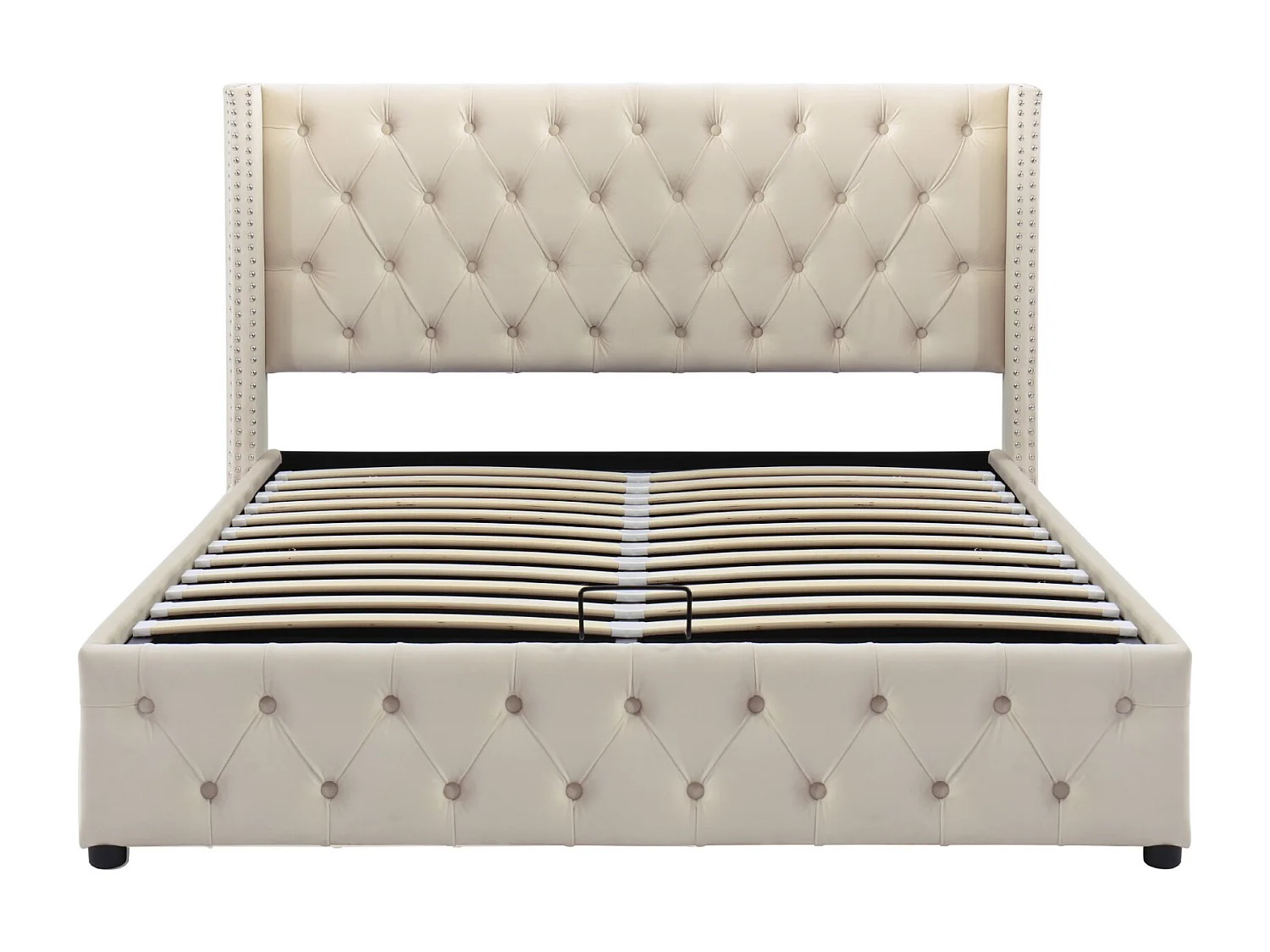 Cama de arrumação 180x200cm, cama de casal com estrado de ripas, cabeceira em forma de orelha, cama estofada em veludo, Bege