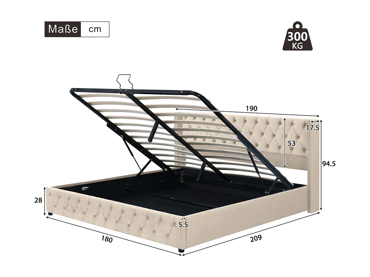 Lit coffre 180x200cm, lit double avec sommier à lattes tête de lit en forme d'oreille, lit capitonné velours, Beige