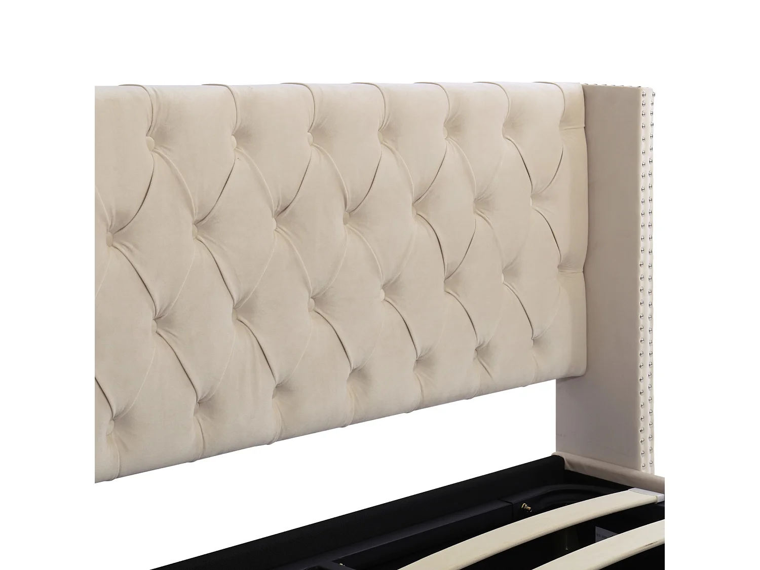 Lit coffre 180x200cm, lit double avec sommier à lattes tête de lit en forme d'oreille, lit capitonné velours, Beige