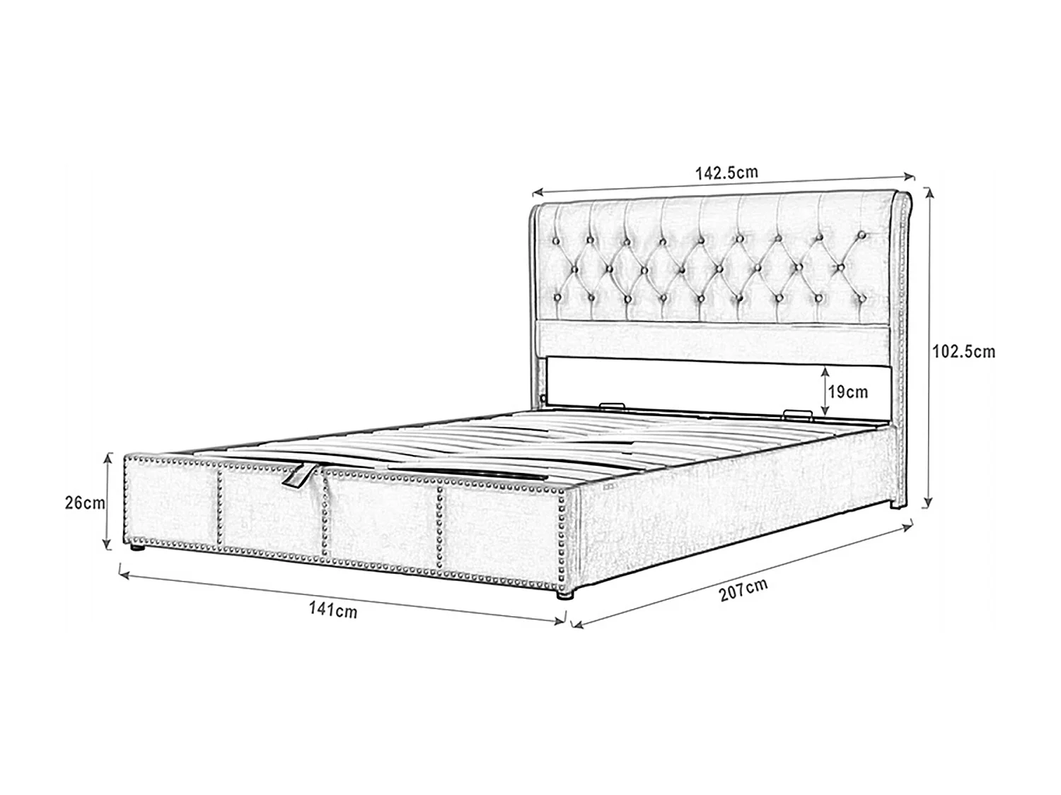 Cama estofada com arrumação - cama em veludo com cabeceira, estrado de ripas sem colchão - cinza claro 140 x 200 cm