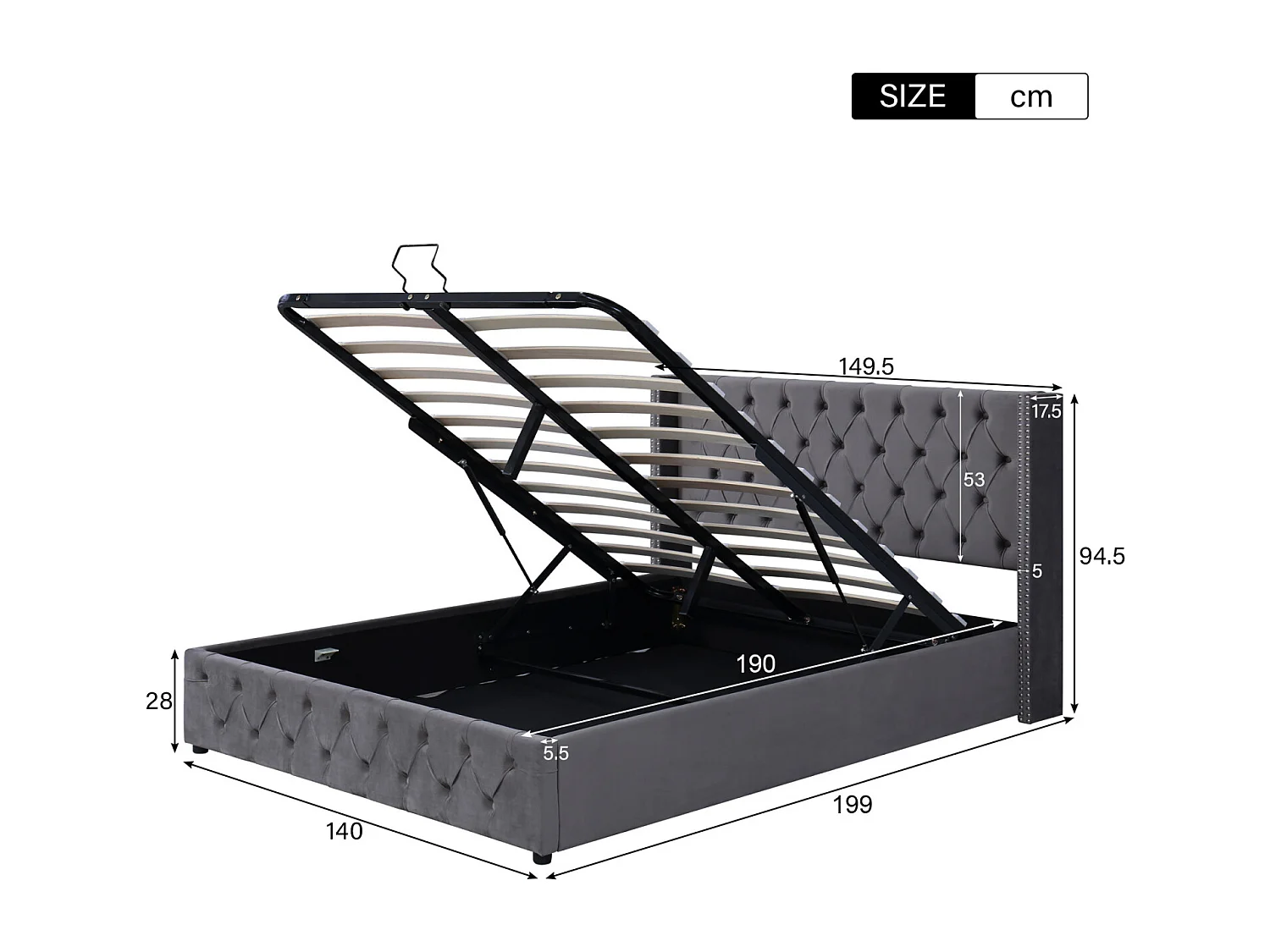 Cama de arrumação 140x190cm, cama de casal com estrado de ripas, cabeceira em forma de orelha, cama estofada em veludo, Cinza