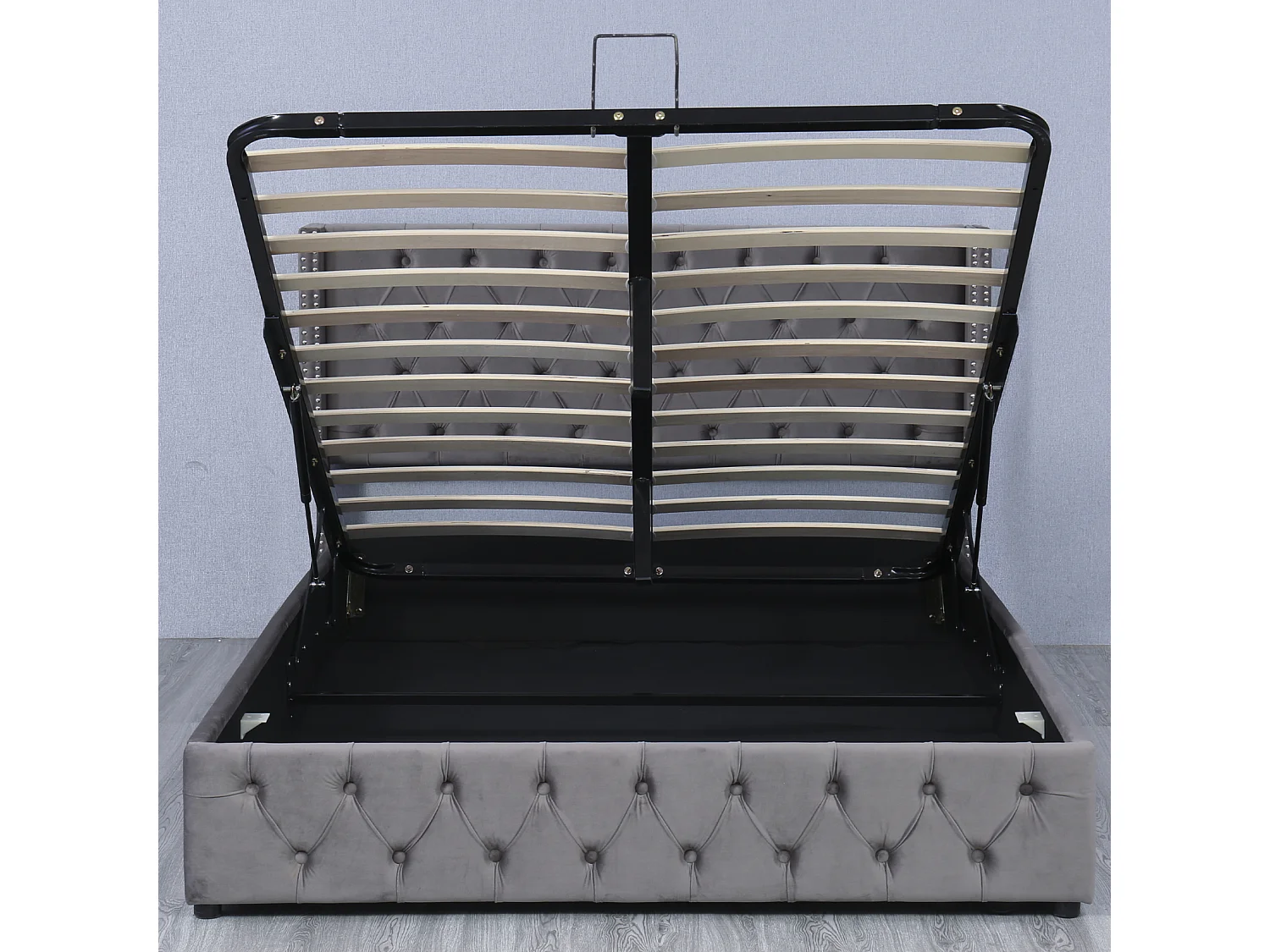 Cama de arrumação 140x190cm, cama de casal com estrado de ripas, cabeceira em forma de orelha, cama estofada em veludo, Cinza