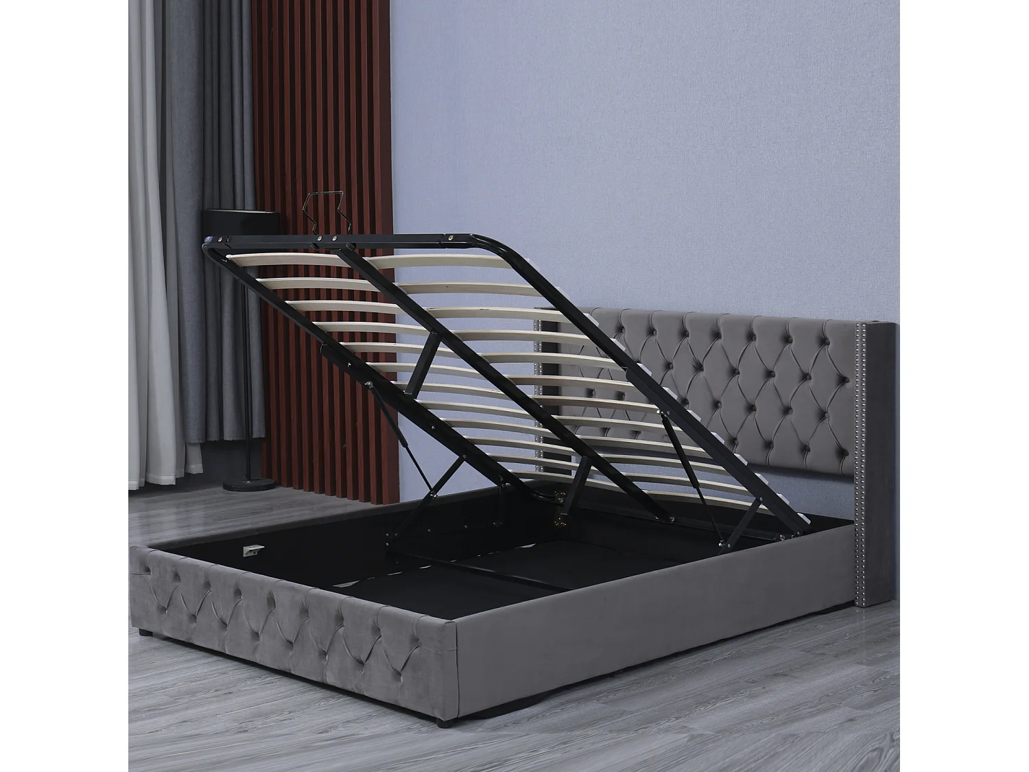 Lit coffre 140x190cm, lit double avec sommier à lattes tête de lit en forme d'oreille, lit capitonné velours, Gris