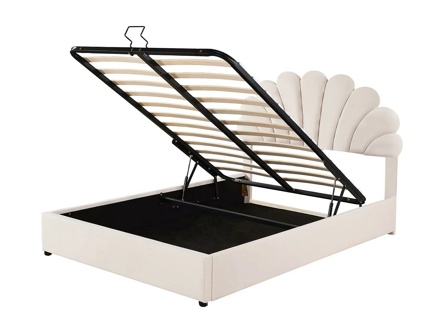 Opbergbed 140x200cm, met lattenbodem en bloemenhoofdbord, in hoogte verstelbaar, fluwelen stof, beige