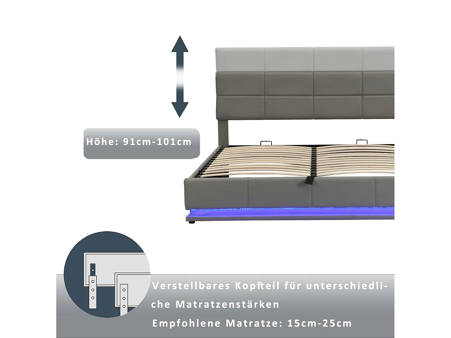 Lit coffre 180x200 cm - Lit doub LED capitonné relevable hydraulique avec sommier à lattes, tête de lit, simili cuir PU - Gris