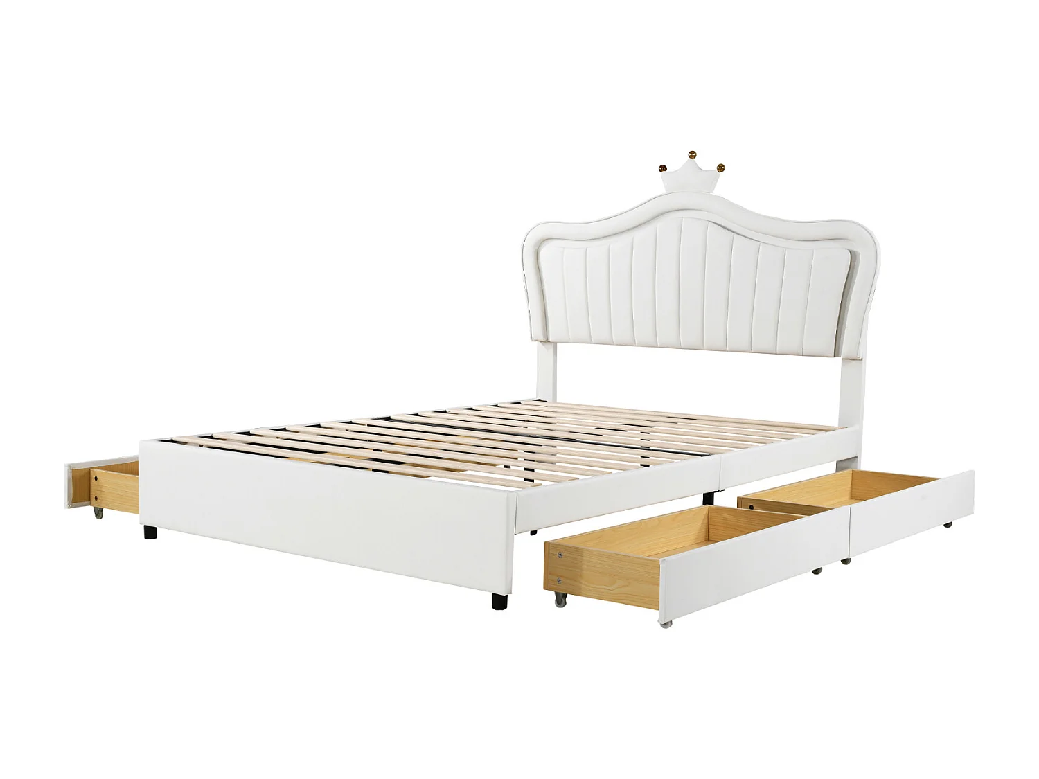 LED-Erwachsenenbett mit 4 Schubladen, Lattenrost und Kopfteil mit Krone, in PU-Leder, weiß 140x200cm