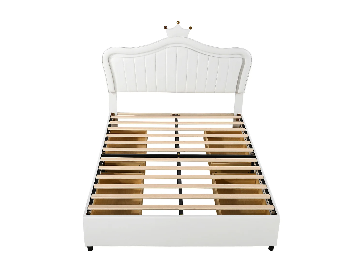 LED-Erwachsenenbett mit 4 Schubladen, Lattenrost und Kopfteil mit Krone, in PU-Leder, weiß 140x200cm