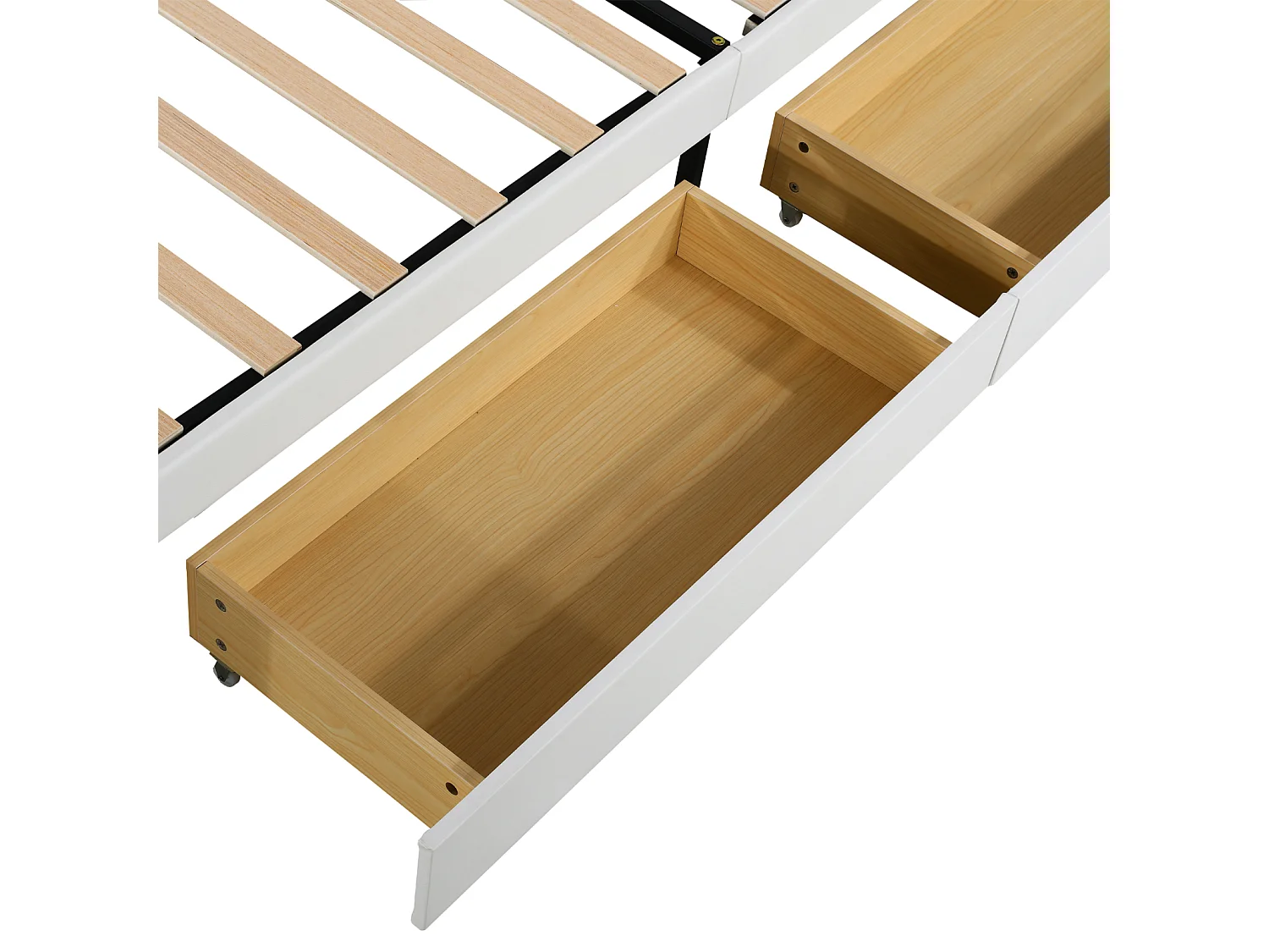 Lit adulte LED avec 4 tiroirs, sommier à lattes et tête de lit avec couronne, en cuir PU, blanc 140x200cm