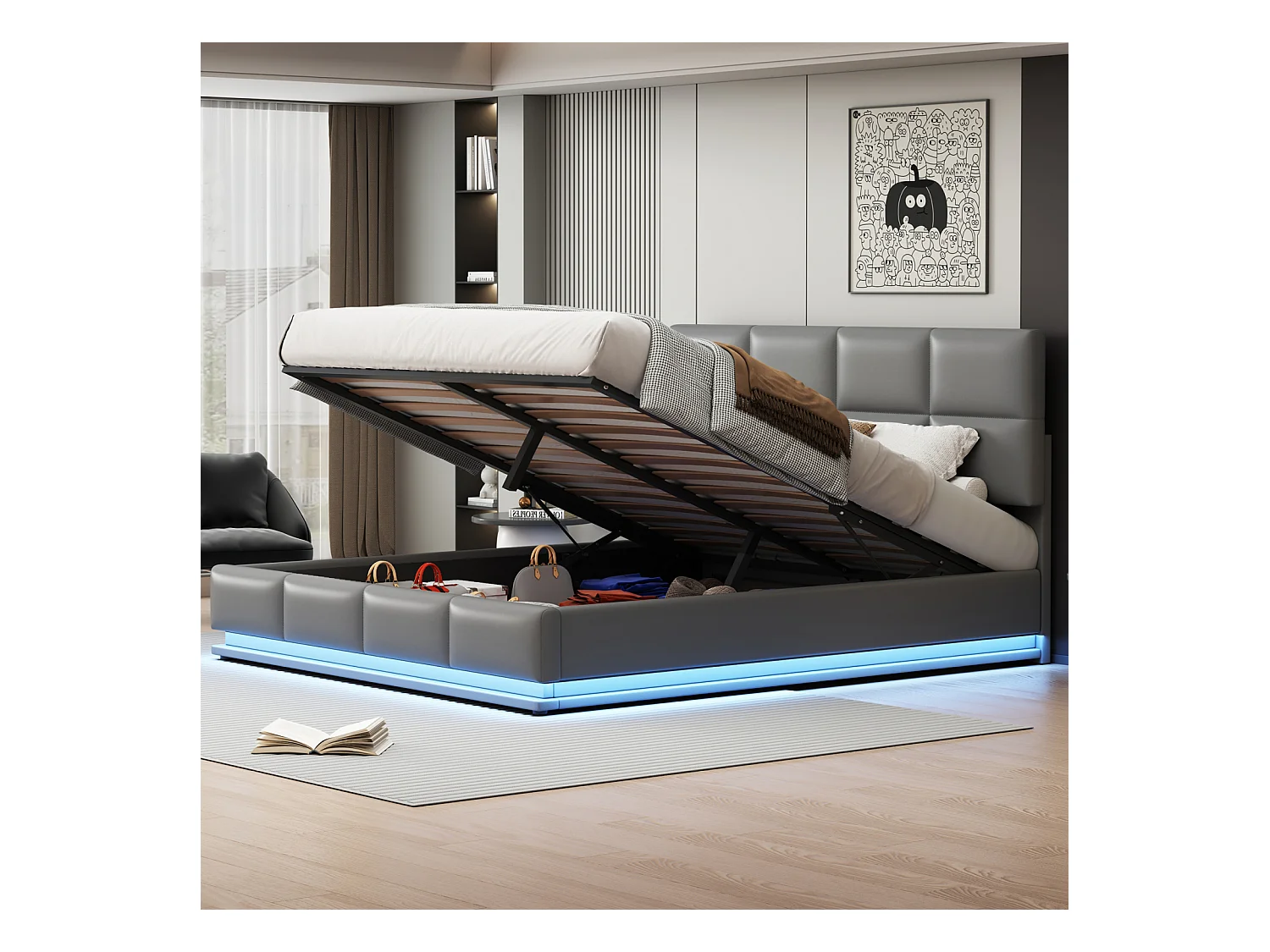 Lit coffre 180x200 cm - Lit doub LED capitonné relevable hydraulique avec sommier à lattes, tête de lit, simili cuir PU - Gris Clair