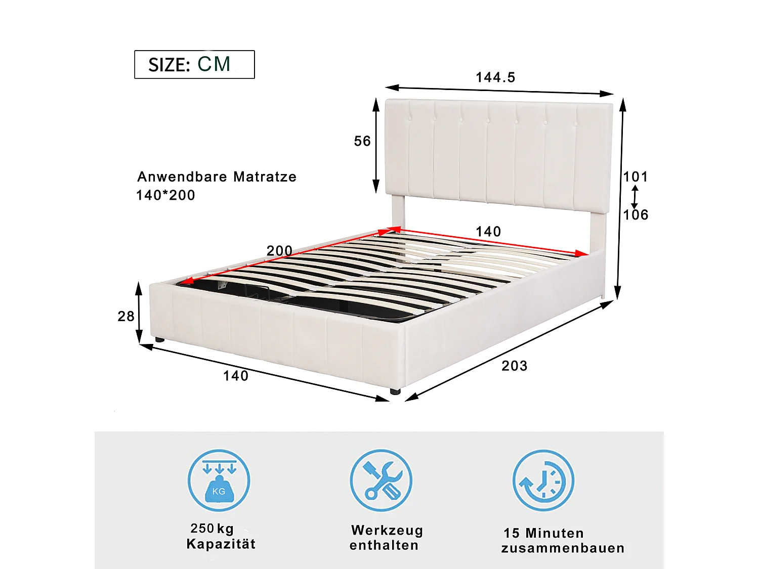Letto contenitore per adulti 140 x 200cm - letto matrimoniale in velluto con rete a doghe in metallo e testiera regolabile in altezza - Bianco