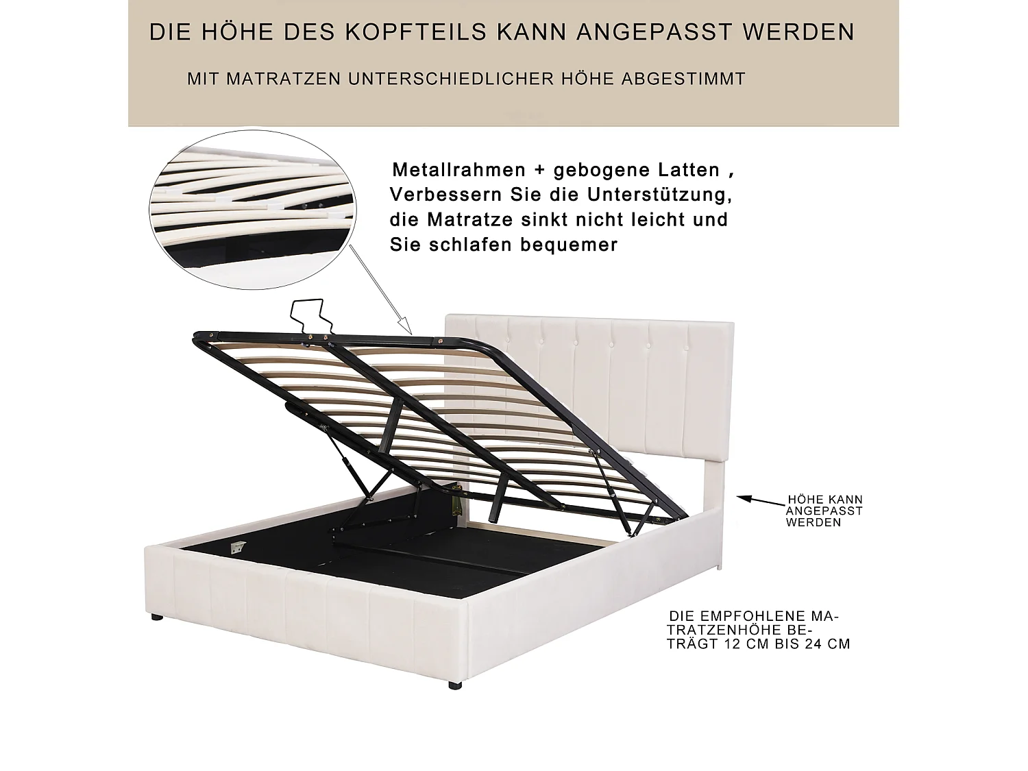 Letto contenitore per adulti 140 x 200cm - letto matrimoniale in velluto con rete a doghe in metallo e testiera regolabile in altezza - Bianco