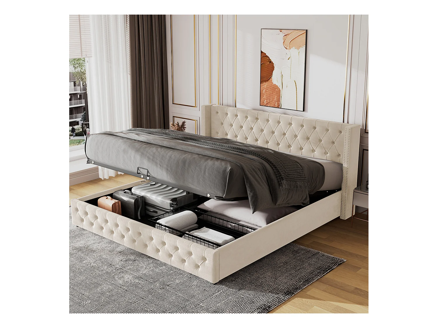 Opbergbed 160x200cm, tweepersoonsbed met lattenbodem, oorvormig hoofdeinde, fluwelen gestoffeerd bed, Beige