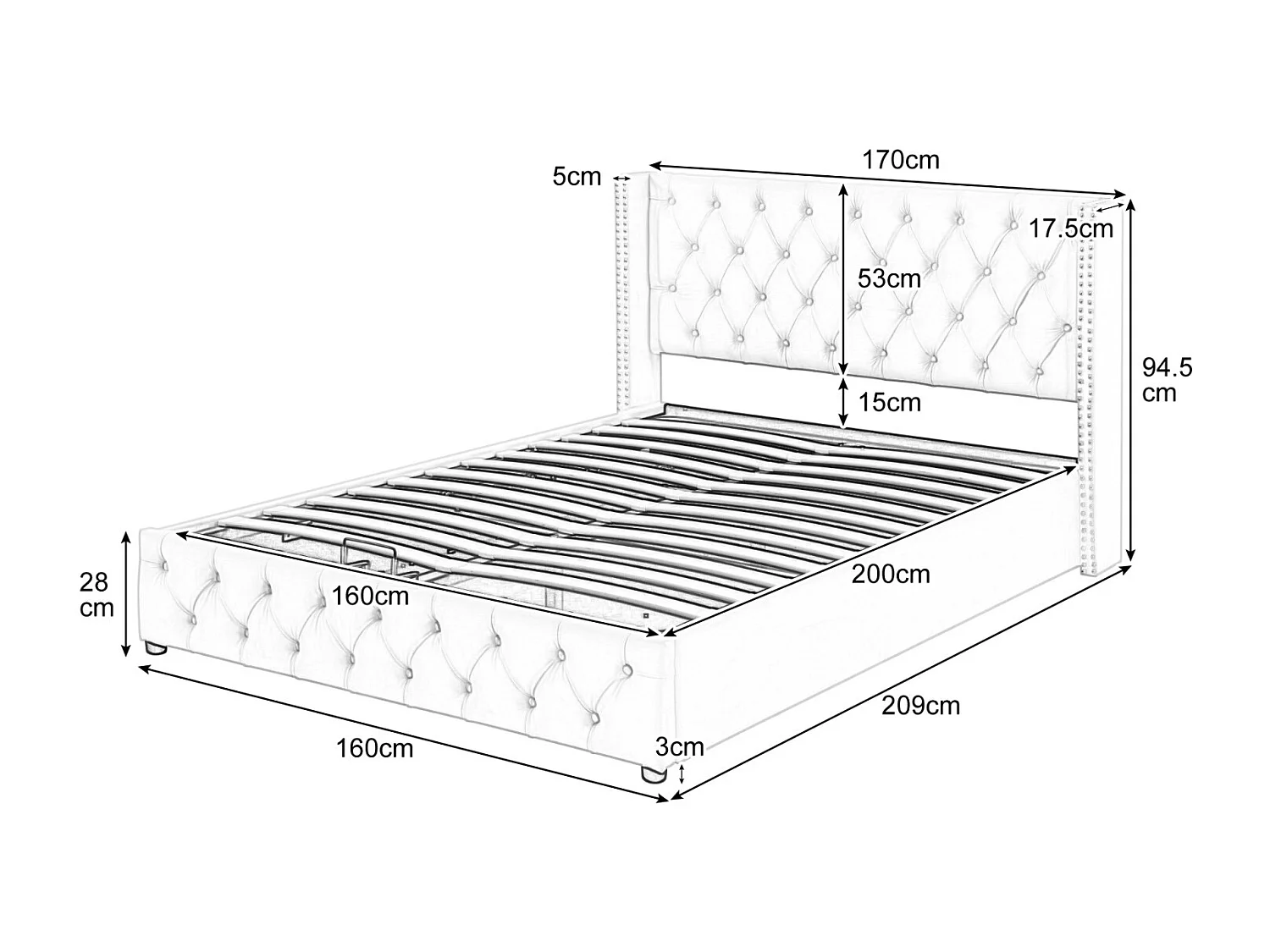 Cama de arrumação 160x200cm, cama de casal com estrado de ripas, cabeceira em forma de orelha, cama estofada em veludo, Bege
