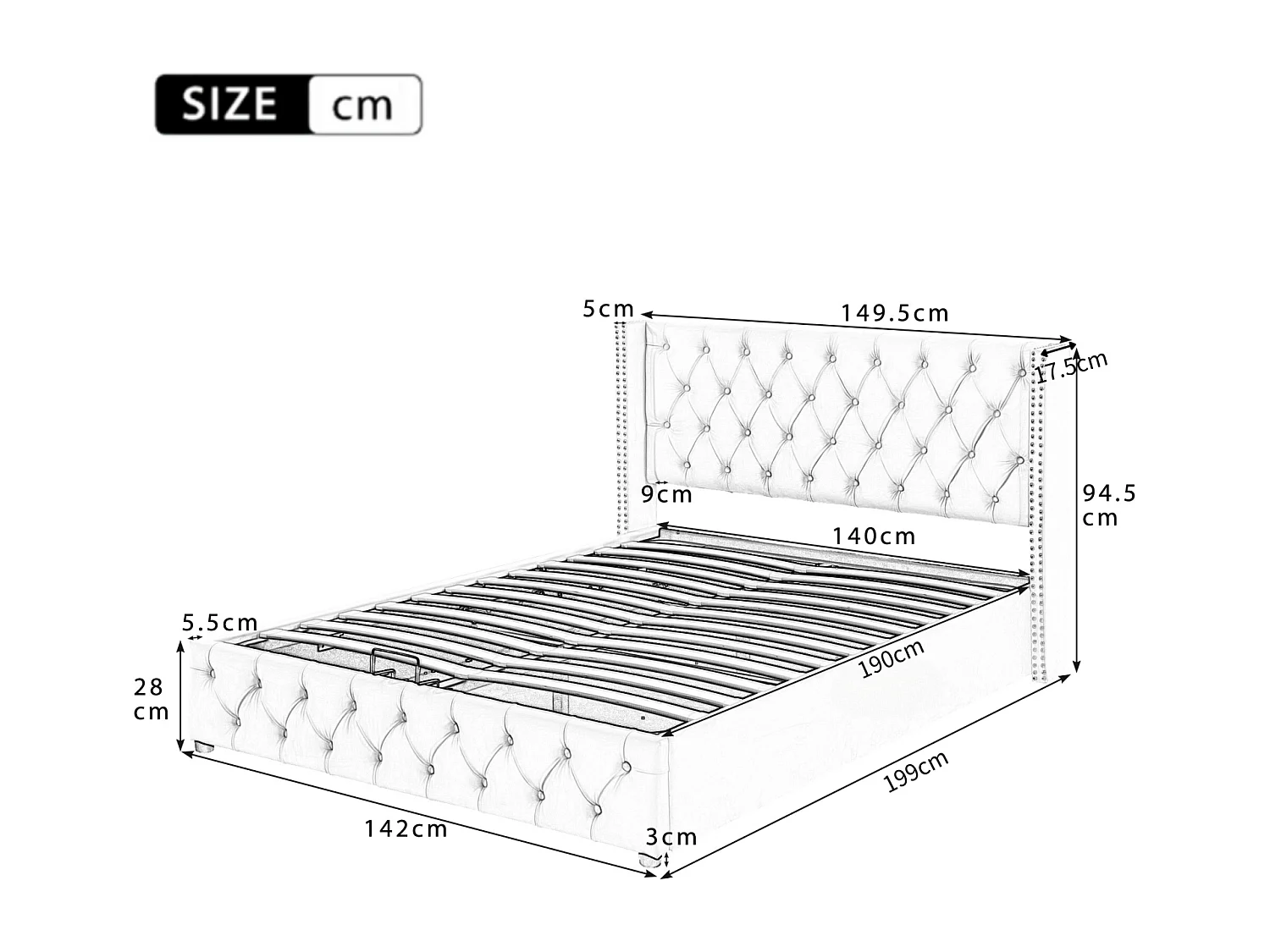 Lit coffre 140x190cm, lit double avec sommier à lattes tête de lit en forme d'oreille, lit capitonné velours, Beige