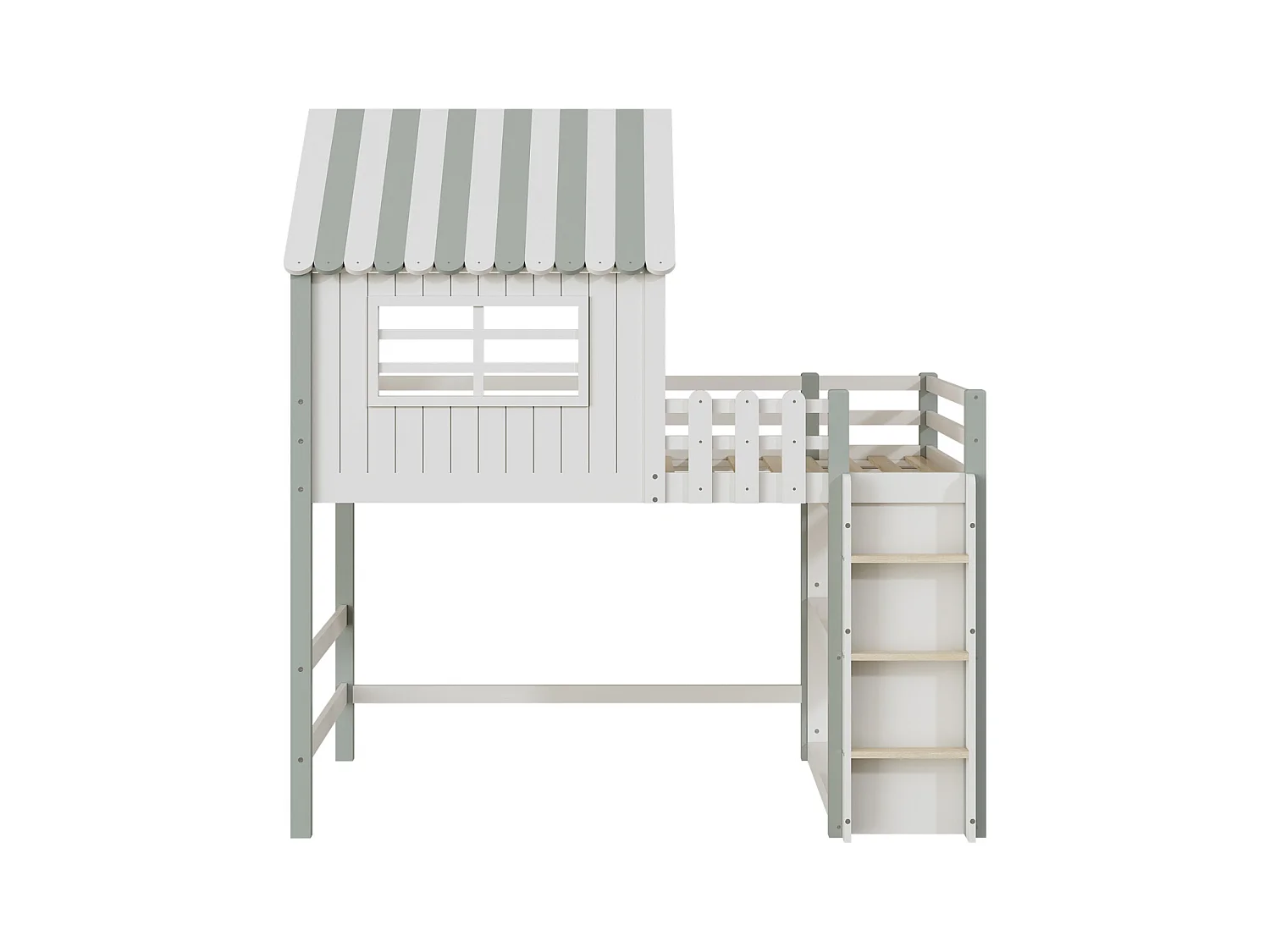 Cama alta 90x200cm, cama alta infantil en forma de tejado con escalera, estante de almacenamiento, madera maciza con somier de láminas, verde