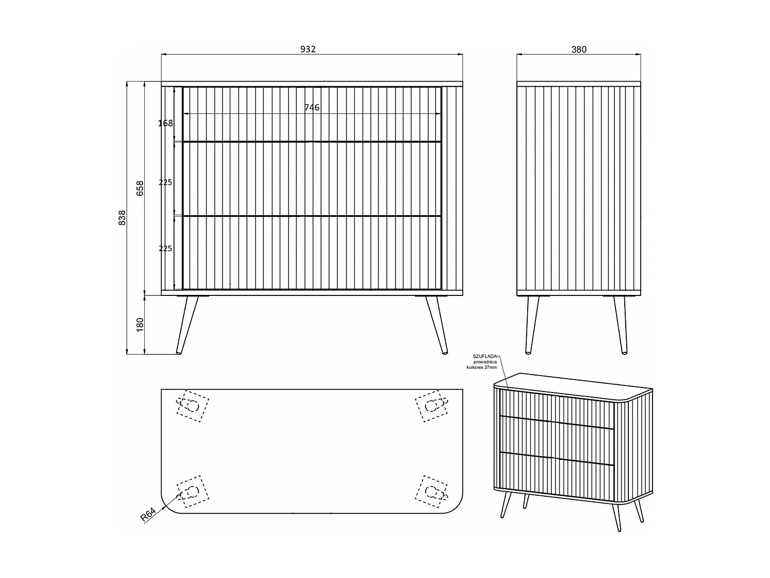 Commode - 93 cm - 3 tiroirs - noir - OVARLO