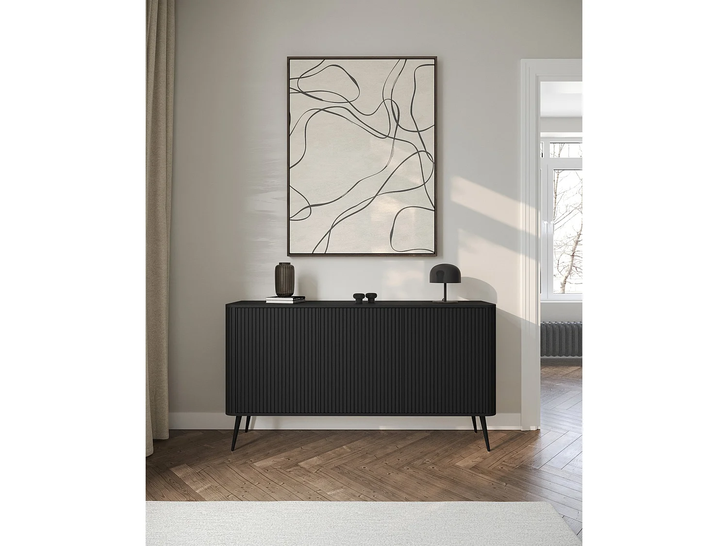 Sideboard - Schwarz mit schwarzen Metallbeinen - 163 cm - OVARLO